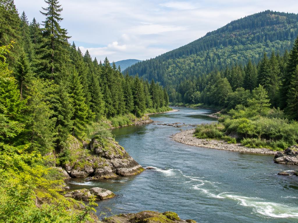 The Clackamas River winding through evergreen forest.