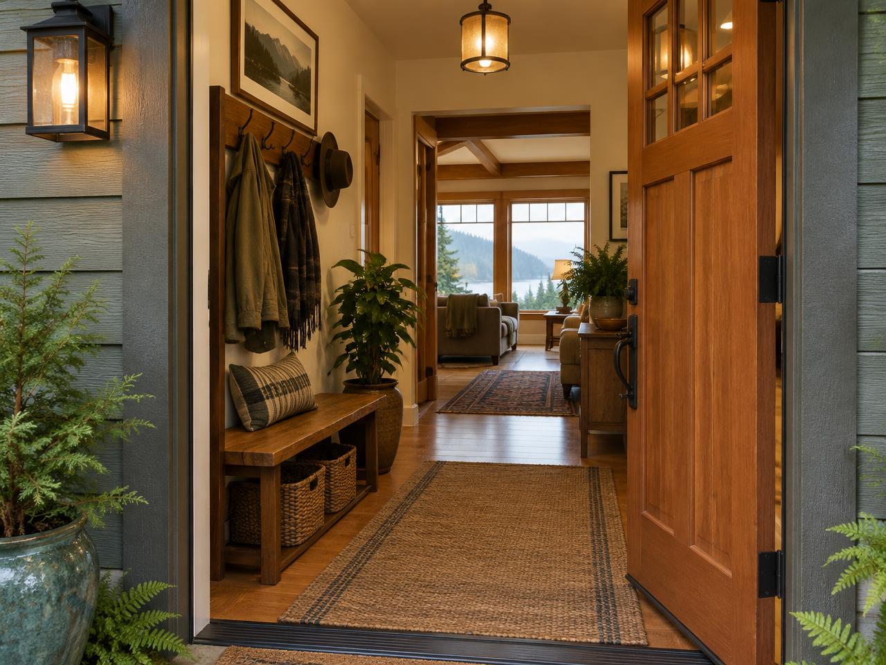 An open front door reveals a warm, welcoming entryway.