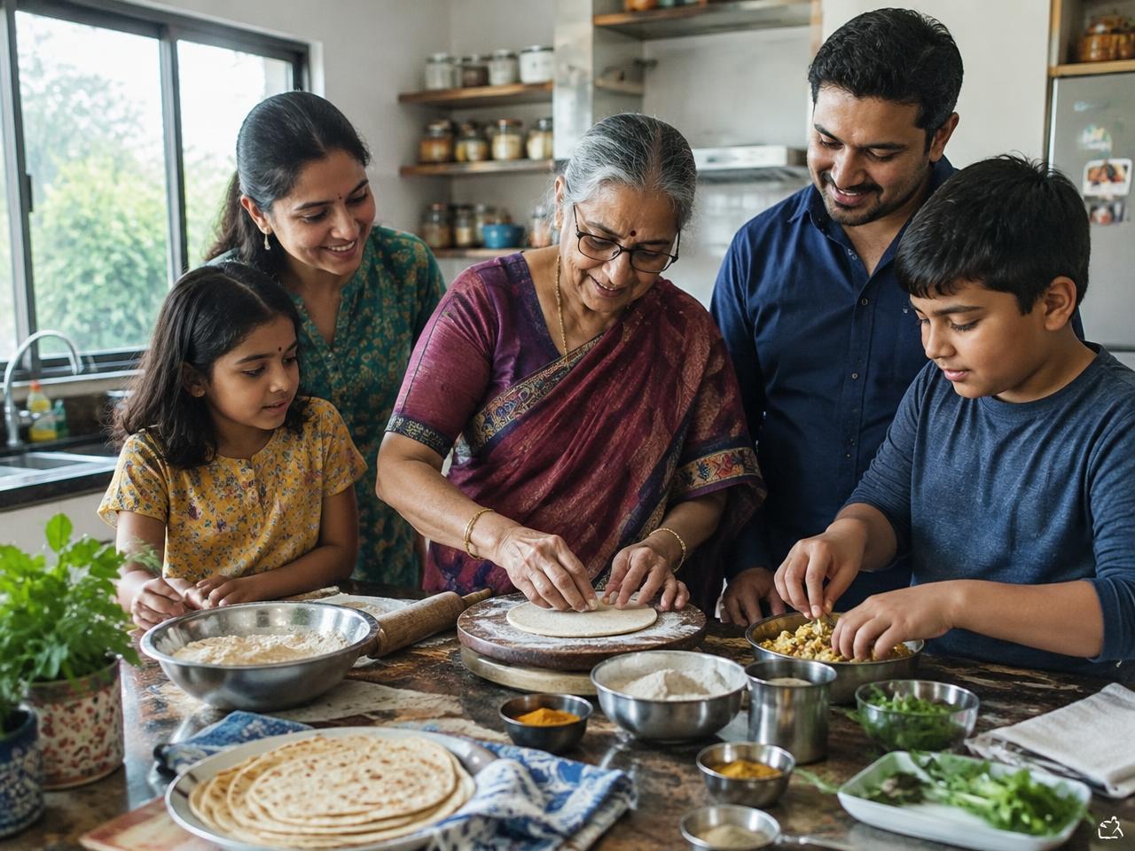 A grandmother leads her family in preparing a traditional meal in the kitchen.