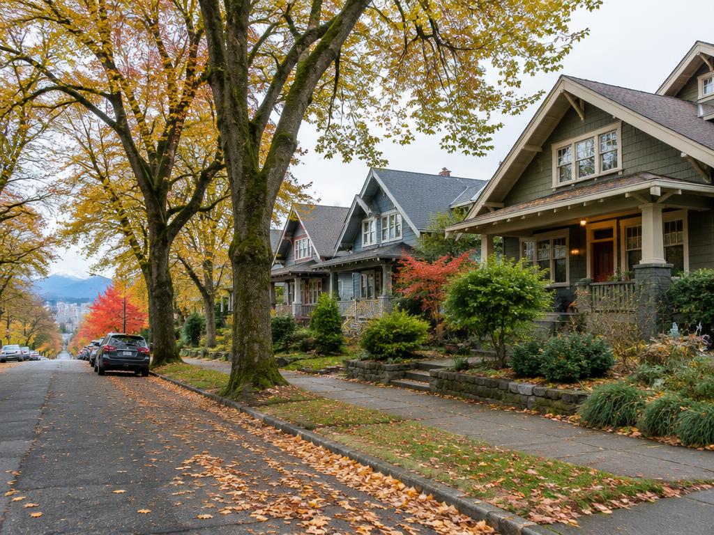 A tree-lined street of craftsman homes in autumn.