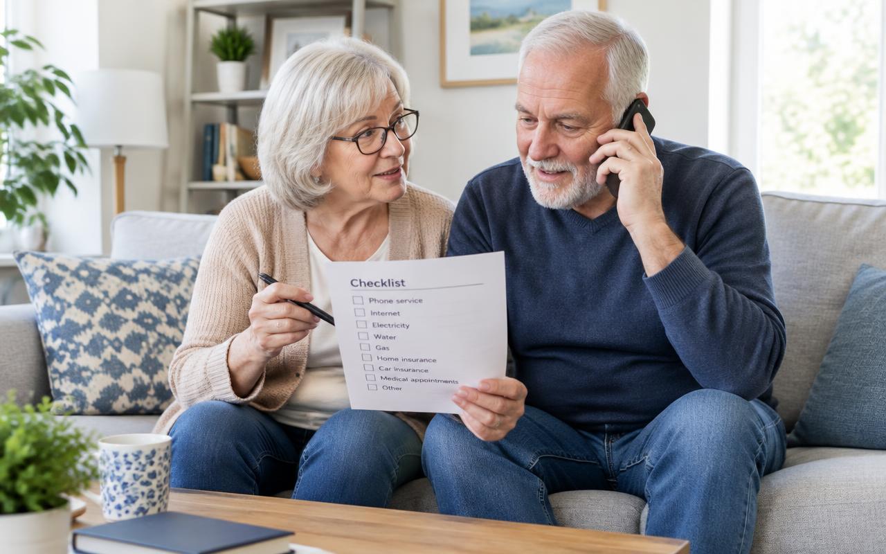 An older couple on a sofa review a printed checklist while one speaks on the phone.