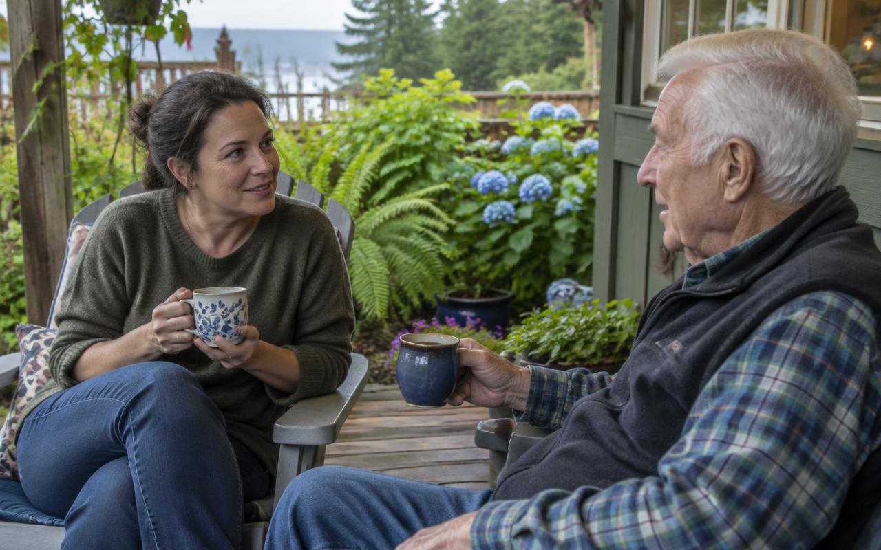 An adult daughter and her father talk over coffee on a garden porch.