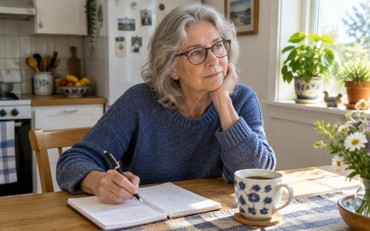 An older woman writes notes in a notebook at her sunny kitchen table.
