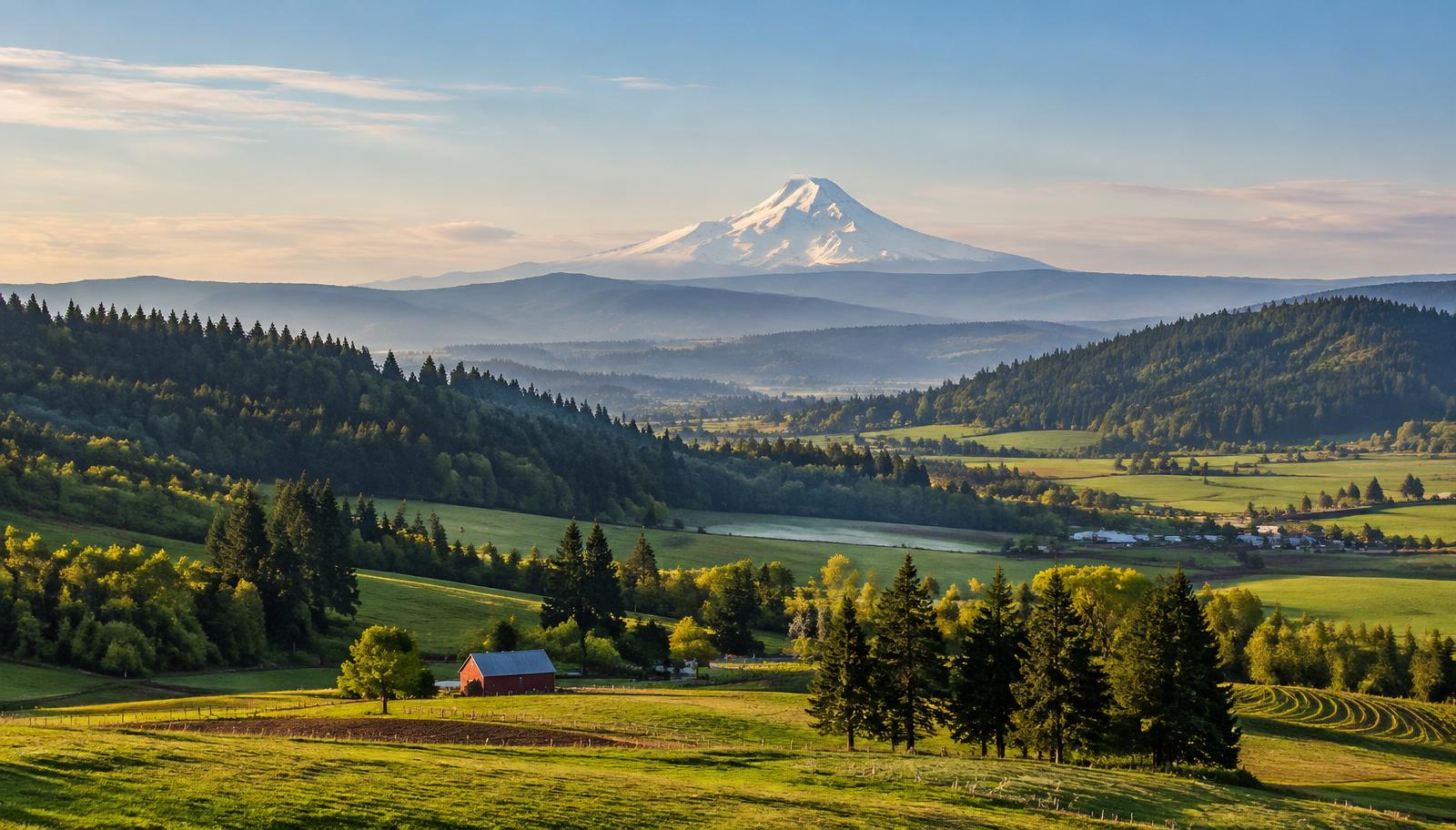 Rolling green Oregon farmland with Mount Hood in the distance.