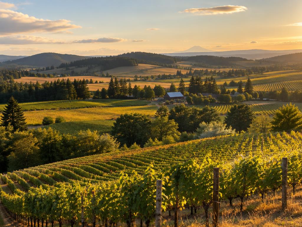 Rolling Oregon farmland and vineyards in golden light.