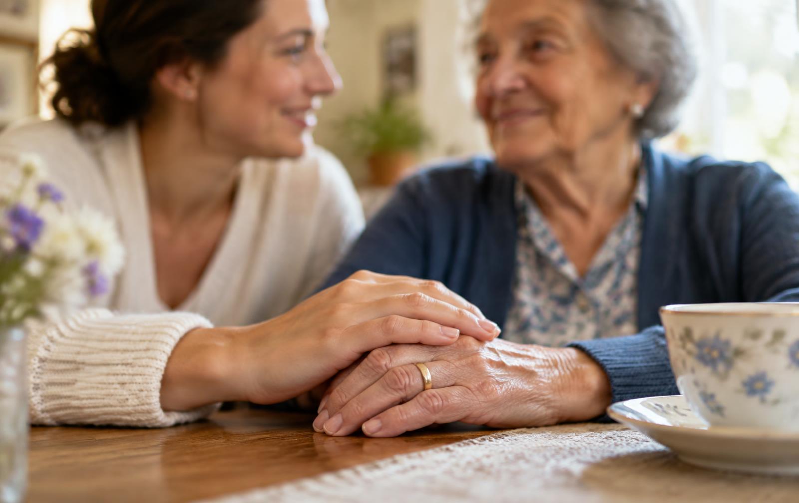 A caregiver's hand rests gently on an older woman's hand beside a teacup.